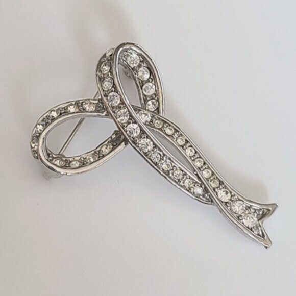 Vintage Retro Rhinestone Crystal Sterling Silver Bow Grandma Coquette Brooch Pin - Picture 2 of 6